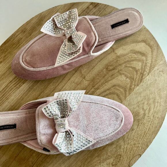 VS Y2K Pink Velour Velvet Bow Sequin Embellished Almond Toe Mules - 7 - Picture 2 of 10